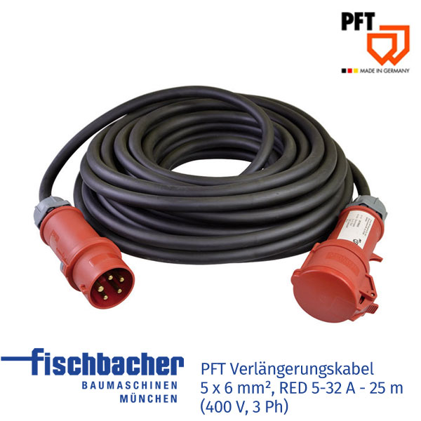PFT Verlängerungskabel 5 x 6 mm², RED 5-32 A – 25 m (400 V, 3 Ph)
