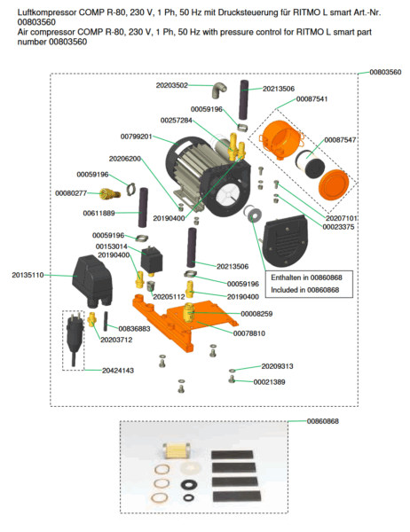 Luftkompressor COMP R-80, 230 V, 1 Ph, 50 Hz mit Drucksteuerung für RITMO L smart Art.-Nr. 00803560